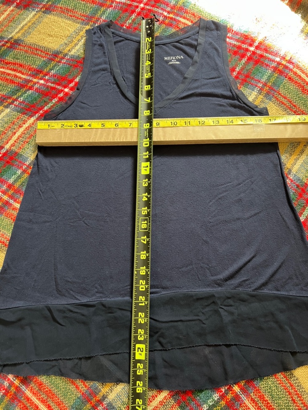 Merona‎ Navy Blue Mixed Media V-neck Tank Top [M] Rayon Sheer Trim Hem - Picture 9 of 9